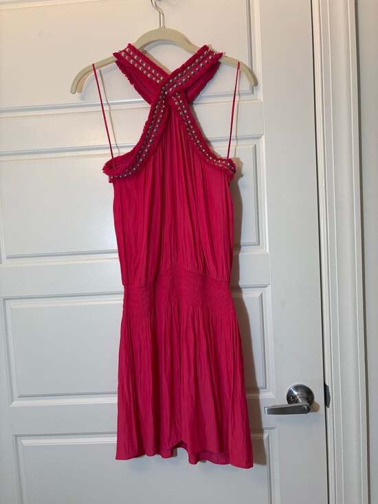 Ramy Brook Dresses & Skirts - Ramy Brook Alara Hot Pink Halter Mini Dress with Studded Frayed Trim